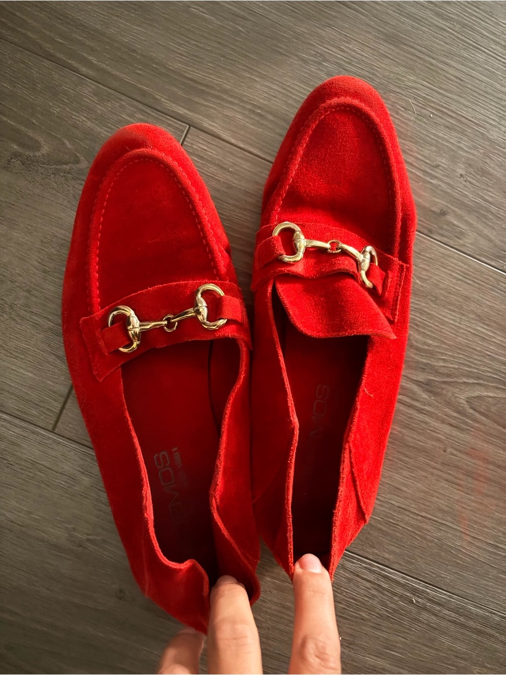 Red Velvet Loafers with Gold Bit Accent - Women's